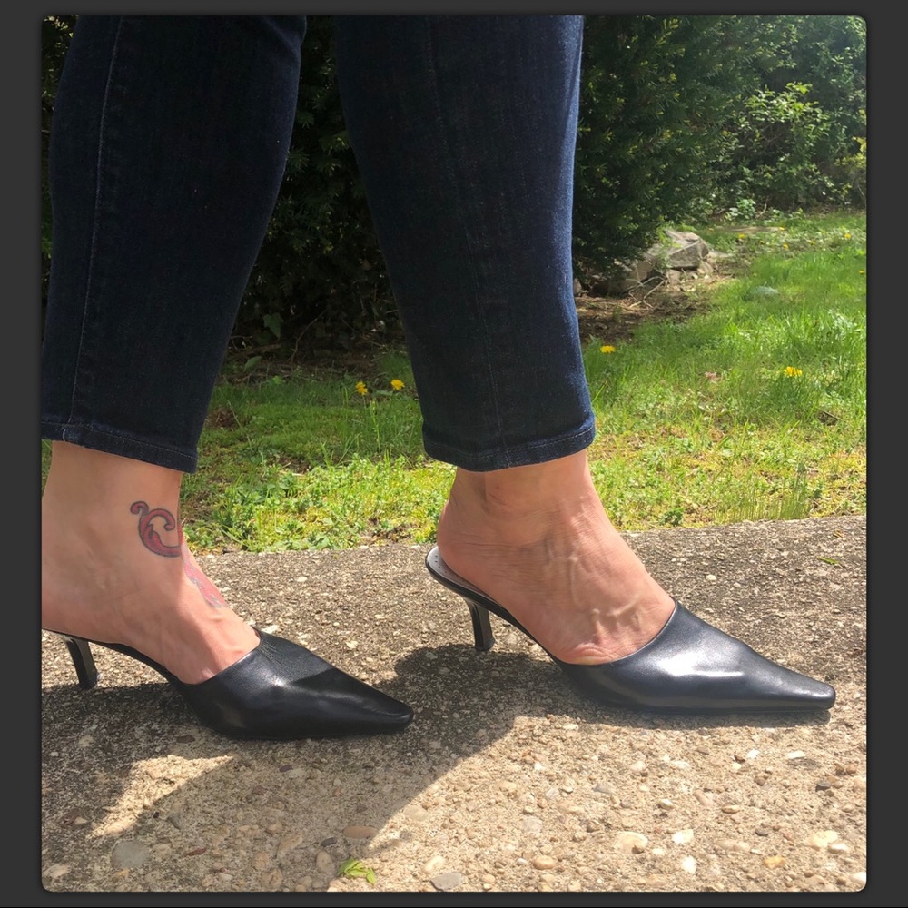 BCBG black leather slides